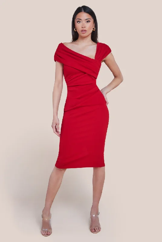 Goddiva Scuba Crepe Pleated Drop Shoulder Midi Dress - Red