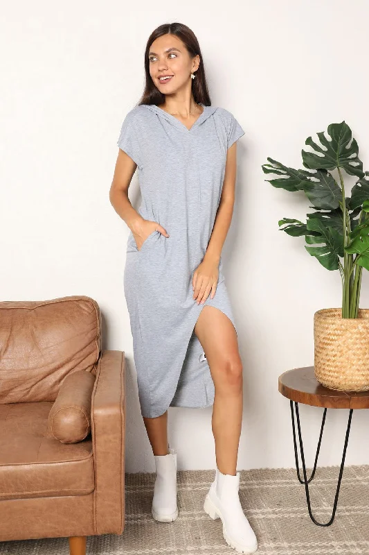 Light Gray Short Sleeve Front Slit Hooded Midi Dress