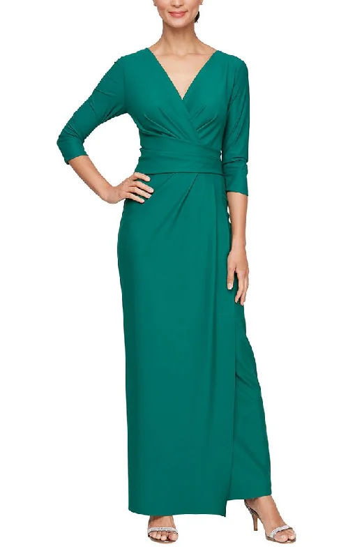 Long Surplice Compression Column Dress with Tucking Detail at Waist