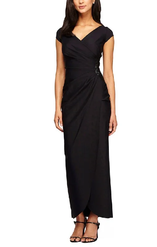 Long Cap Sleeve Compression Sheath Dress with Surplice Neckline and Hip Detail