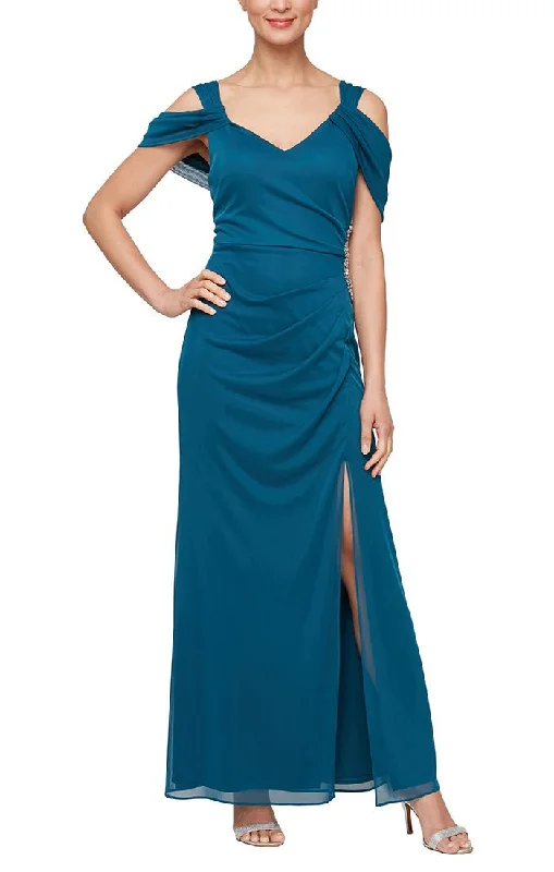 Long Cold Shoulder Mesh Dress with Surplice Neckline & Beaded Detail at Hip