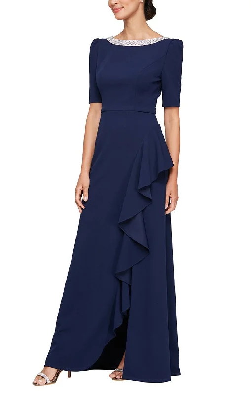 Long Embellished Neck Stretch Crepe Dress with Elbow Sleeves & Cascade Detail Skirt