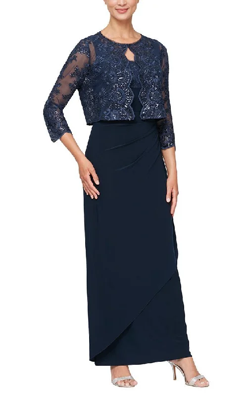 Long Empire Waist Embroidered Jacket Dress with Hook Neck Closure Jacket and Cascade Detail Skirt