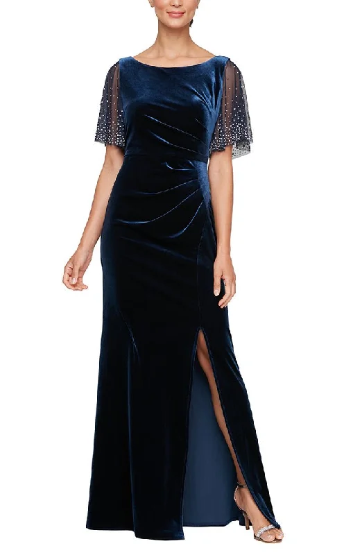 Long Velvet Fit and Flare Gown with Heat Set Illusion Flutter Sleeves and Front Slit