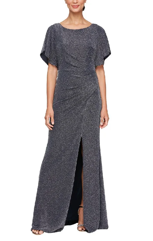 Long Flutter Sleeve Metallic Knit Dress with Ruched Waist Detail & Front Slit