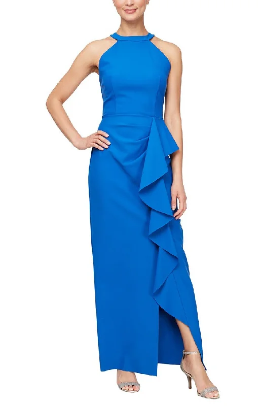 Long Halter Neck Compression Gown with Cascade Ruffle Detail