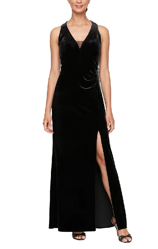 Long Halter Neck Velvet Dress with Illusion Inset Neckline, Beaded Hip & Front Slit