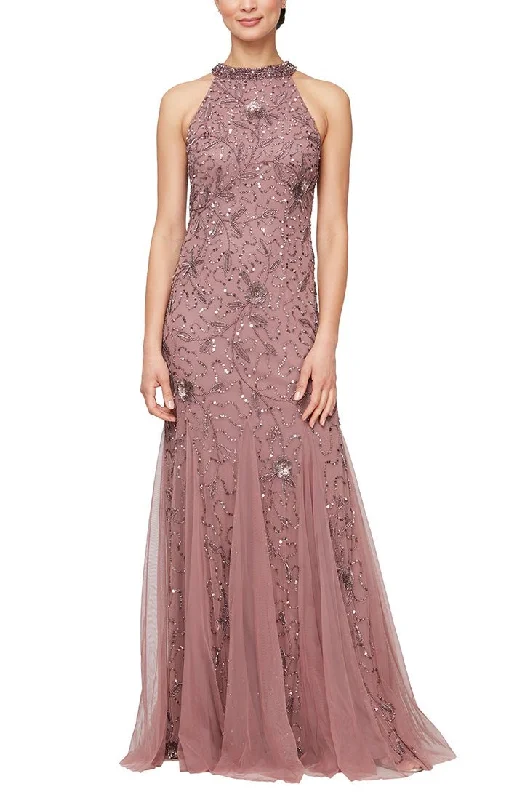 Long Halter Neck Hand Beaded Fit & Flare Gown with Godet Detail