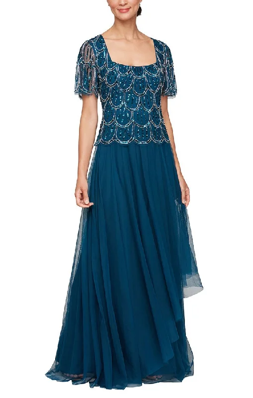 Long Hand Beaded Mock Dress with Square Neckline, Asymmetric Cascade Overlay Skirt and Short Sleeves