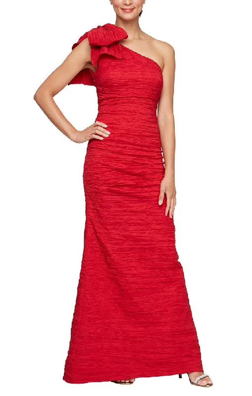 Long One Shoulder Stretch Taffeta Gown with Bow Shoulder Detail