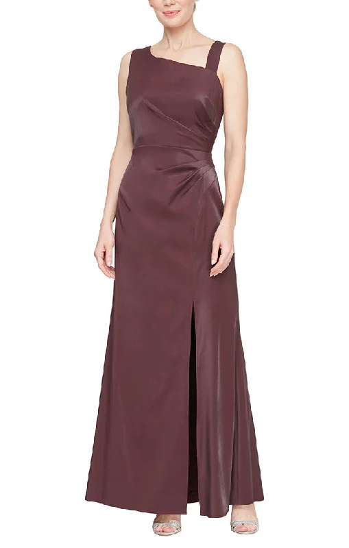 Long Sleeveless L-Neck Shimmer Satin Gown with Wrap Front Slit Skirt