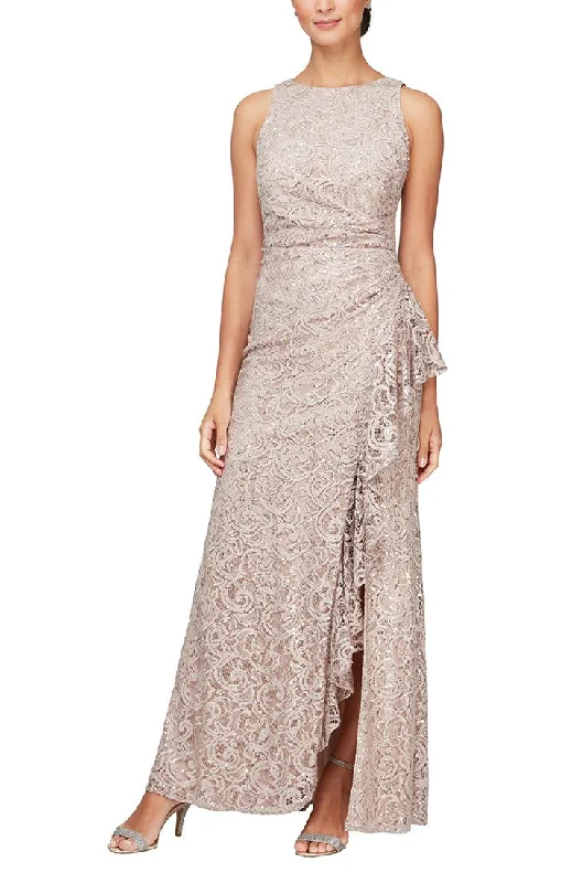 Long Sleeveless Sequin Lace Dress with Cascade Ruffle Front Slit Detail