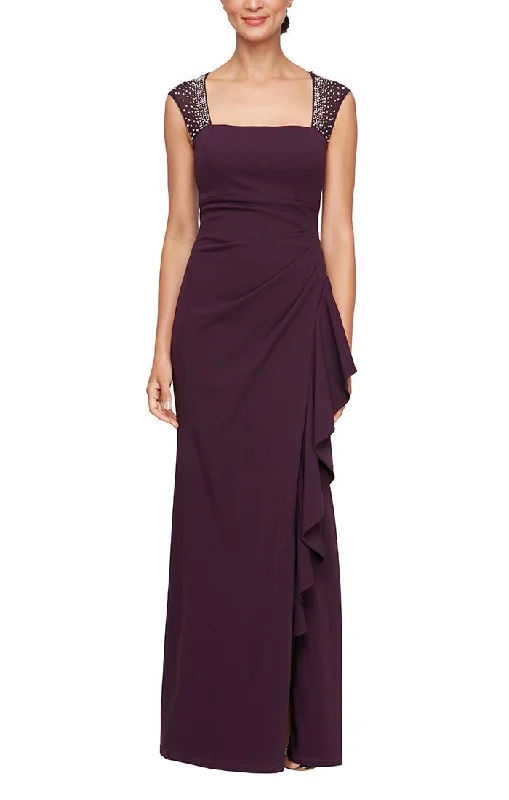 Long Sleeveless Square Neck Crepe Dress with Heatset Illusion Neckline & Cascade Ruffle Skirt