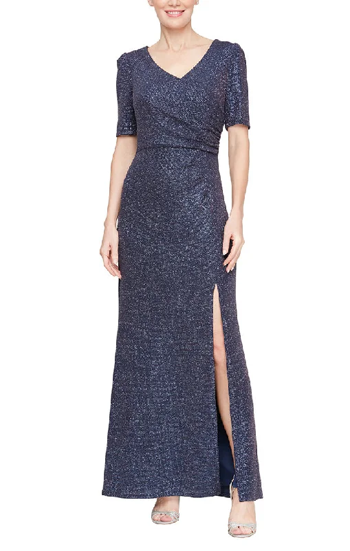 Long Sleeveless Surplice Neckline Metallic Knit Dress with Front Slit & Elbow Sleeves