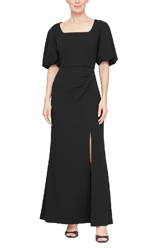 Long Square Neck Stretch Crepe Gown with Short Balloon Sleeves and Front Slit