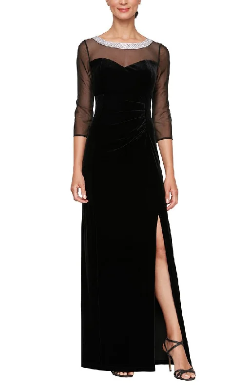 Long Velvet 3/4 Sleeve Side Ruched Dress with Embellished Neckline