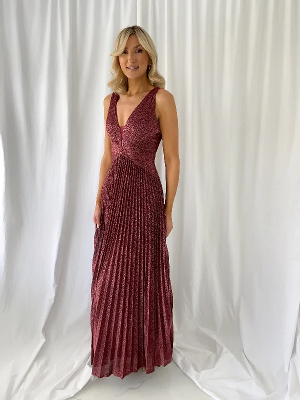 Madisson Pleated Maxi Glitter Dress - Burgundy