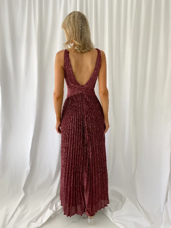 Madisson Pleated Maxi Glitter Dress - Burgundy