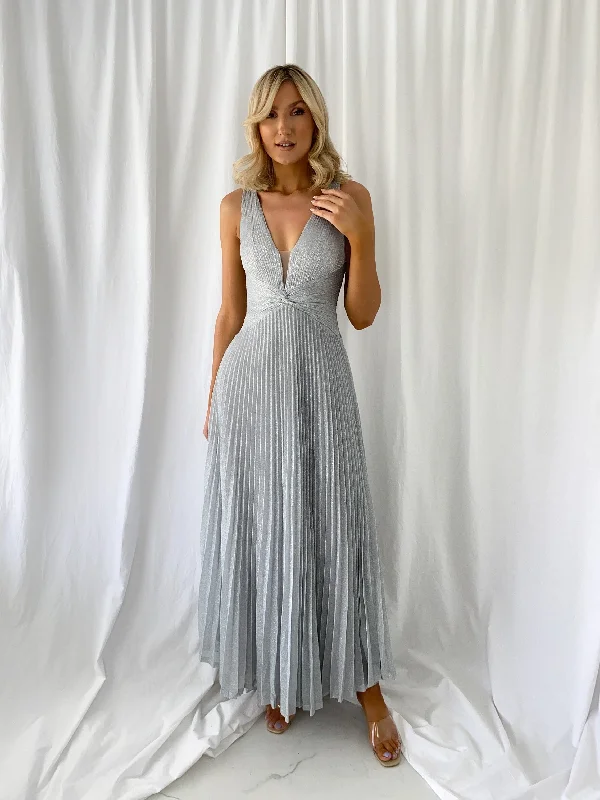 Madisson Pleated Maxi Glitter Dress - Silver