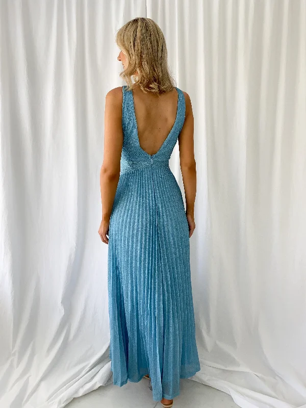 Madisson Pleated Maxi Glitter Dress - Sky Blue