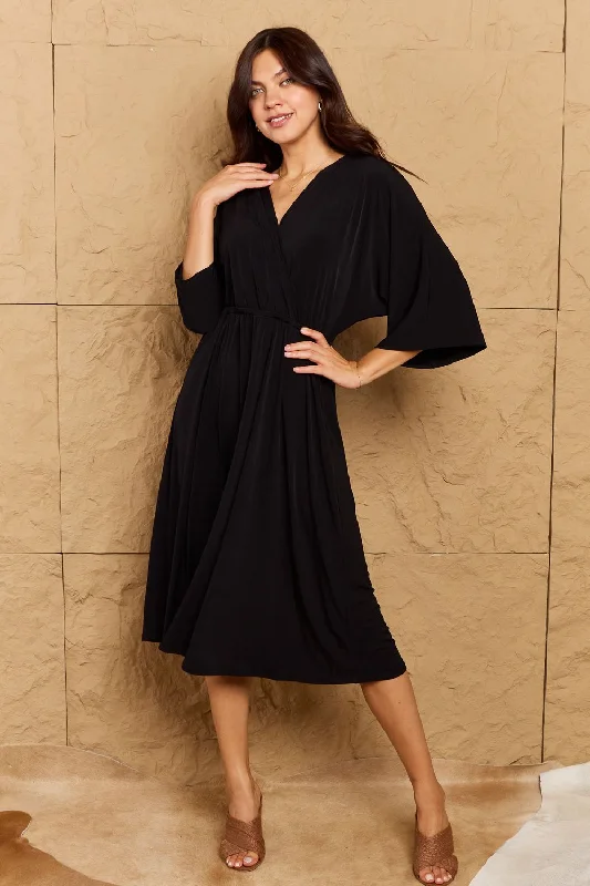 Make Your Move Solid Surplice Black Midi Dress