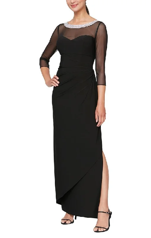 Matte Jersey Illusion 3/4 Sleeve Side Ruched Dress with Embellished Neckline