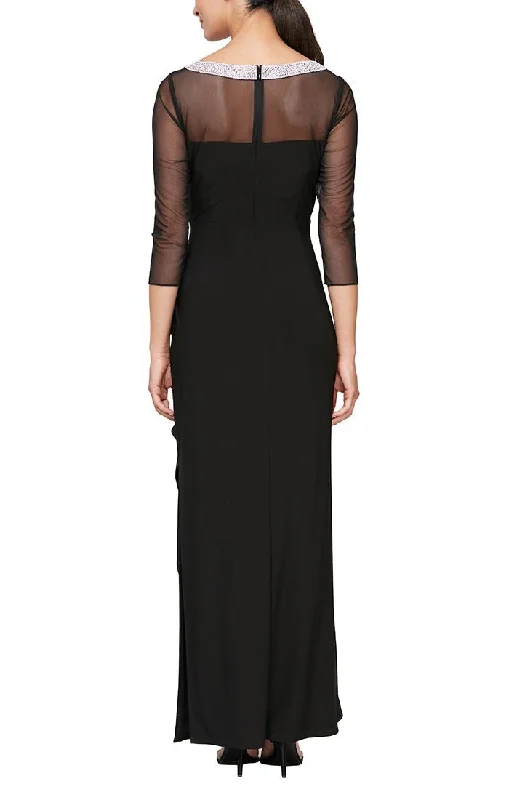 Matte Jersey Illusion 3/4 Sleeve Side Ruched Dress with Embellished Neckline