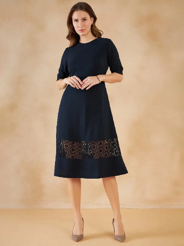 Navy Lace Detail Midi Dress