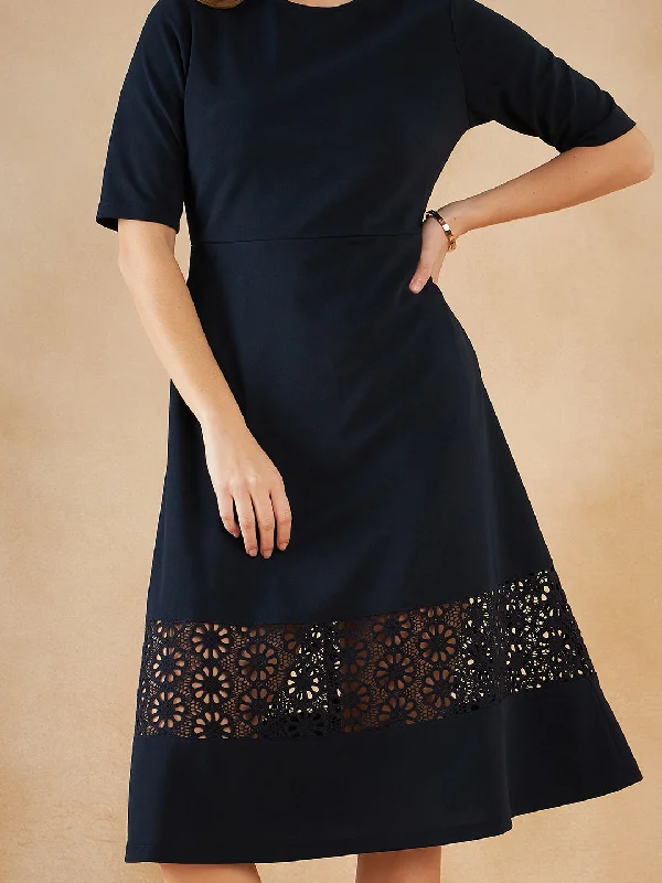 Navy Lace Detail Midi Dress