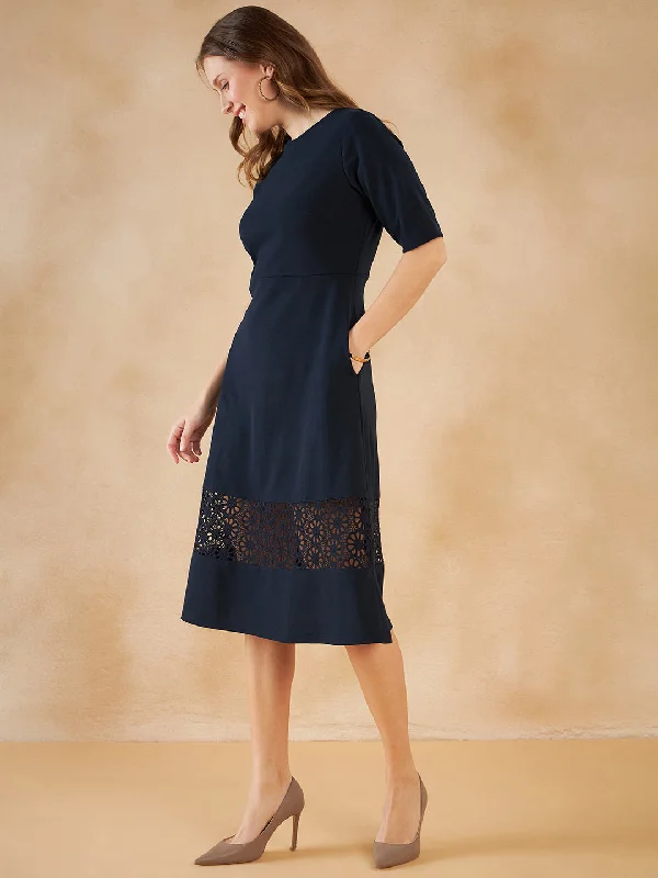 Navy Lace Detail Midi Dress