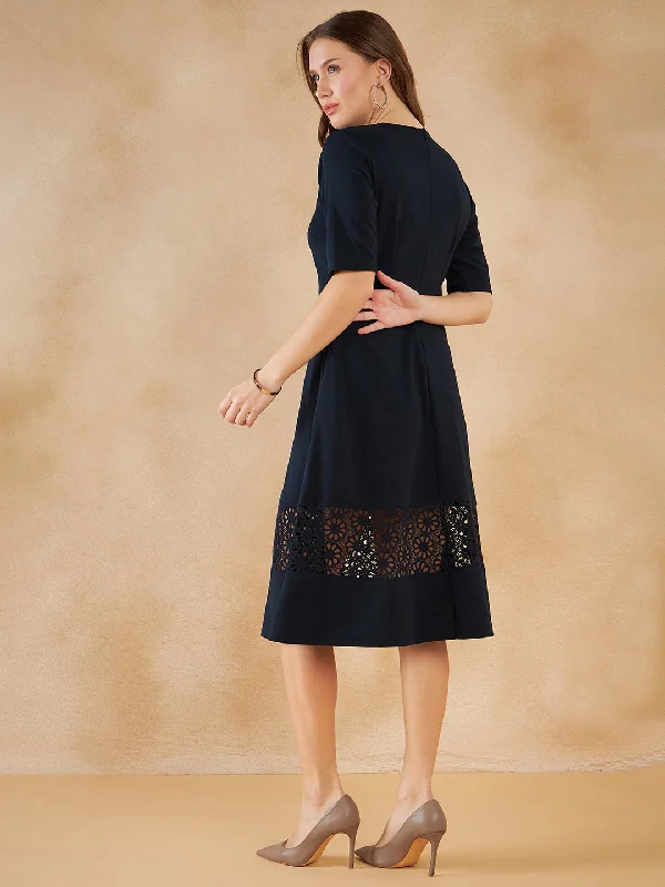 Navy Lace Detail Midi Dress