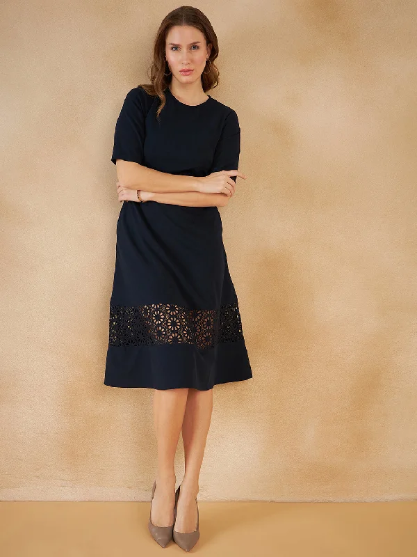 Navy Lace Detail Midi Dress