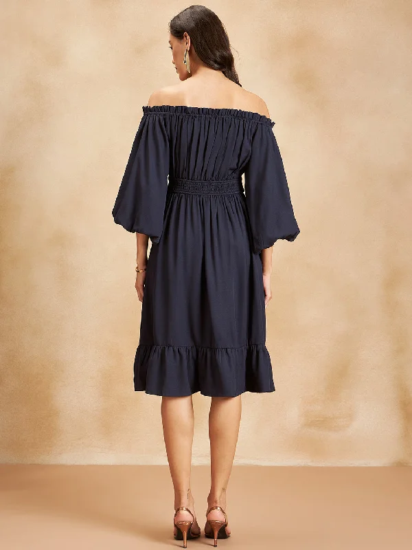 Navy Off Shoulder Tiered Slit Midi Dress