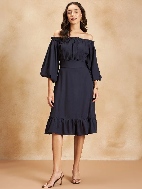 Navy Off Shoulder Tiered Slit Midi Dress