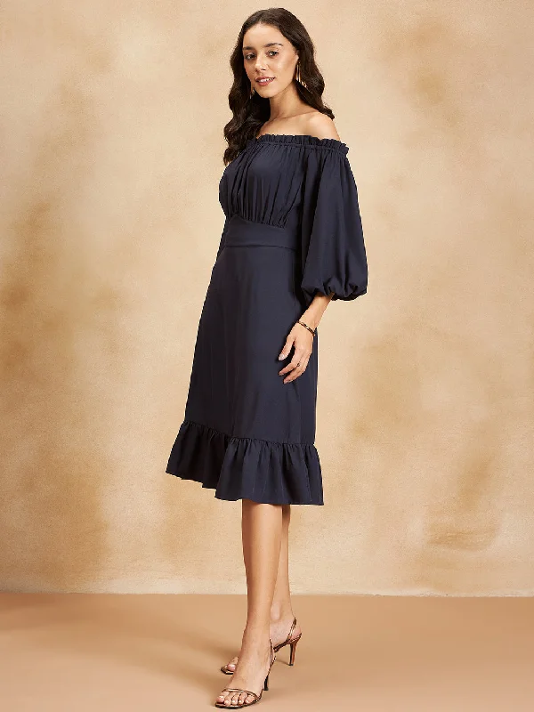 Navy Off Shoulder Tiered Slit Midi Dress