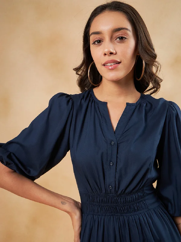 Navy Solid Smocked Waist Detail Tiered Midi Dress