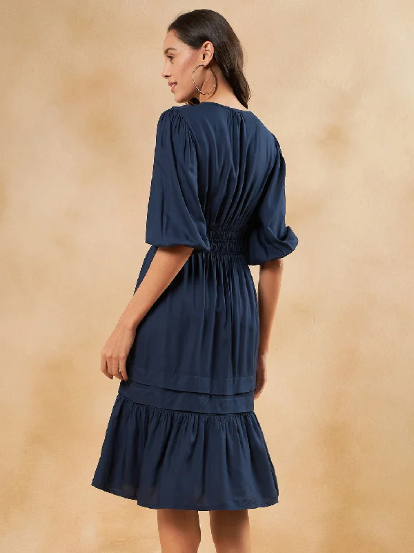 Navy Solid Smocked Waist Detail Tiered Midi Dress