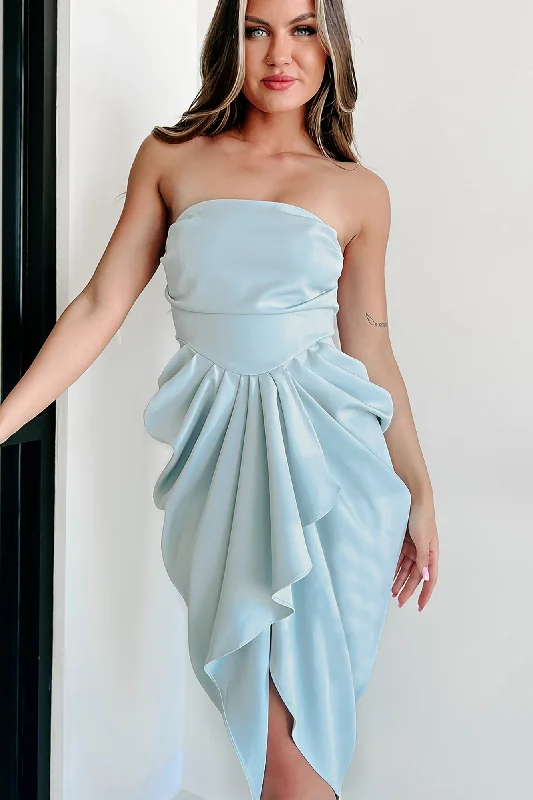 On The Guest List High-Low Draped Strapless Midi Dress (Ice Blue)