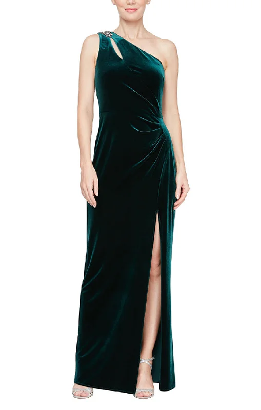 One Shoulder Velvet Dress with Ruched waist & Beaded Trim On Shoulder