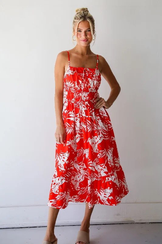 FINAL SALE - Perfect Paradise Orange Tropical Print Midi Dress