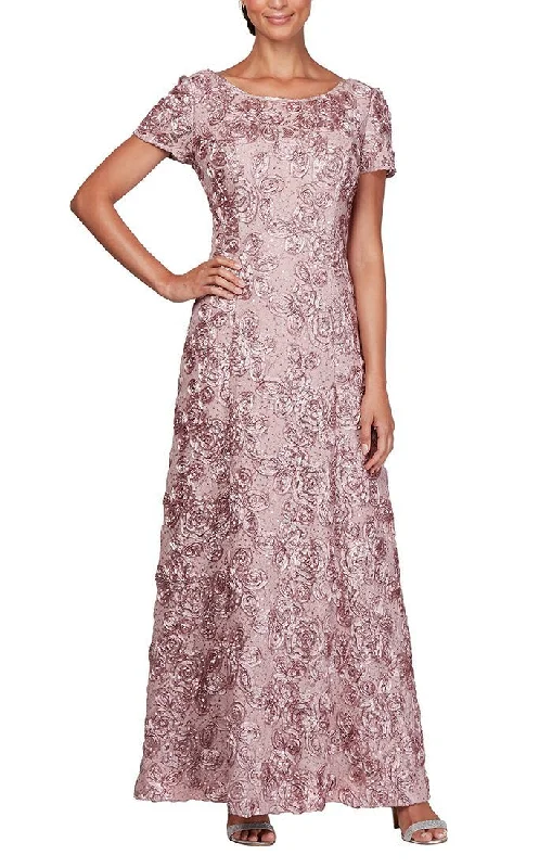 Rosette A-Line Gown with Sequin Detail & Short Illusion Sleeves