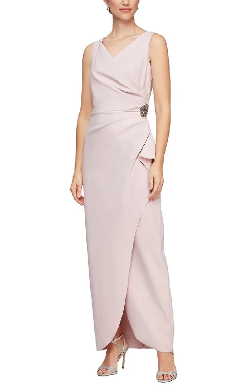 Sleeveless Compression Sheath Gown with Surplice Neckline & Beaded Detail at Hip