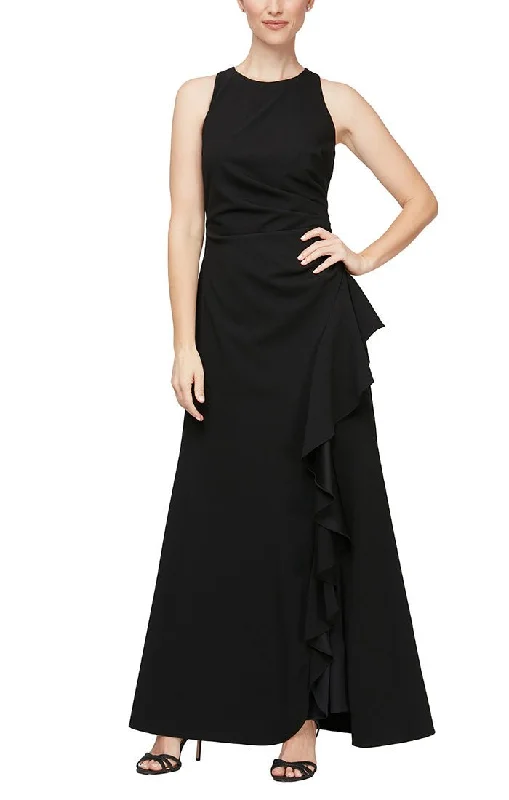 Sleeveless Stretch Crepe Dress with Cascade Ruffle Skirt Detail & Cutaway Neckline