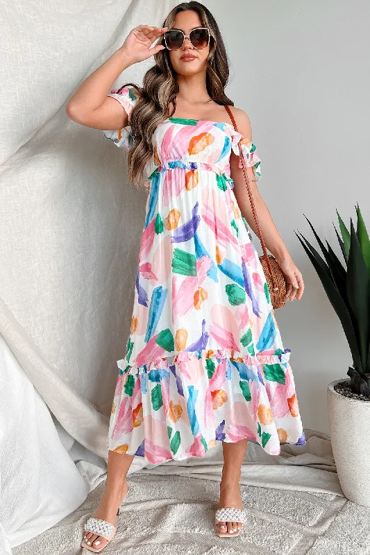 Sweet Adoration Printed Midi Dress (White Multi)