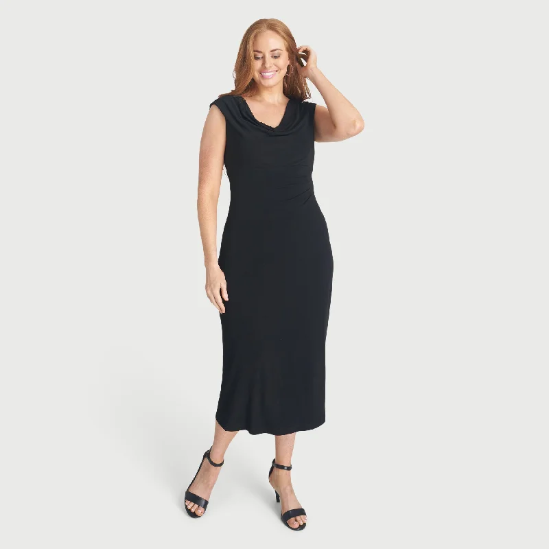 Tonya Black Cowl Neck Midi Dress