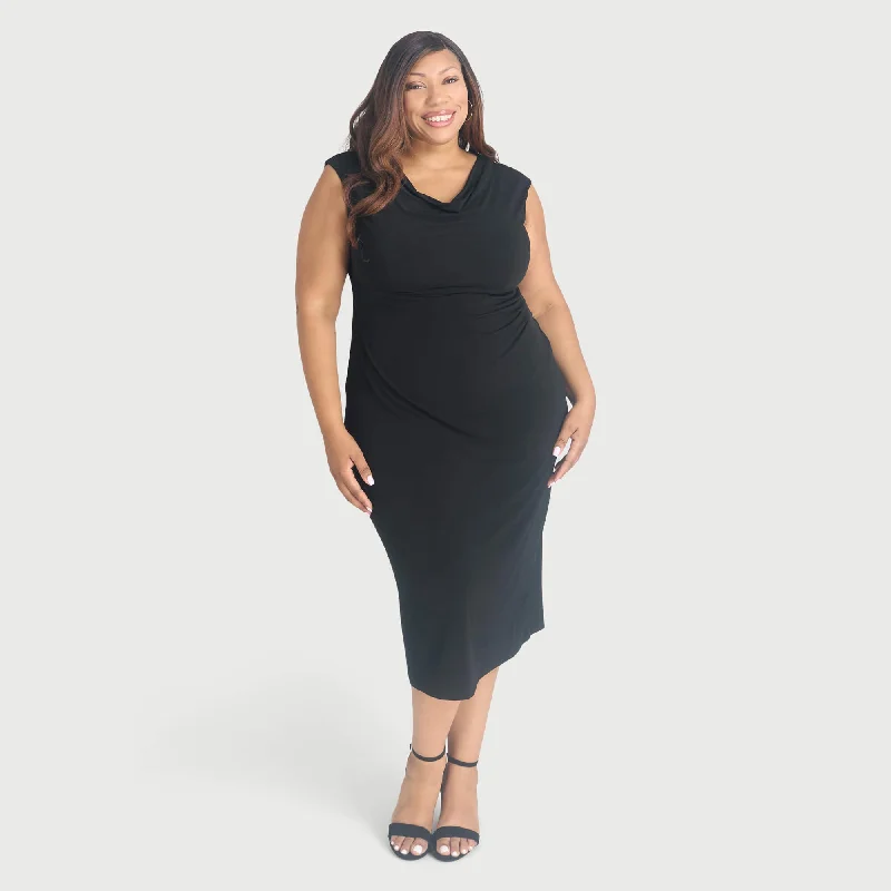 Tonya Black Cowl Neck Midi Dress