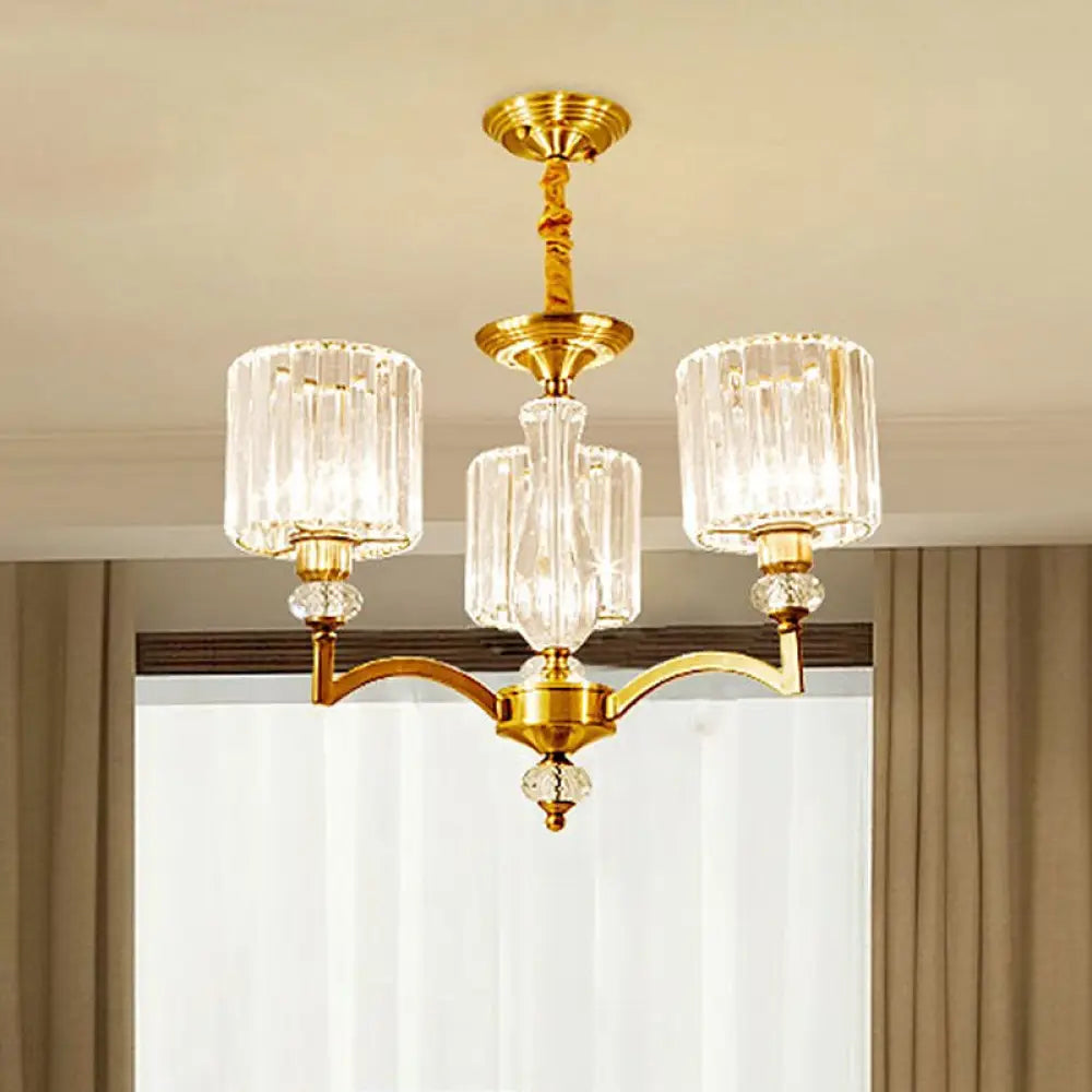 Chandeliers with Adjustable Height for Custom InstallationChandeliers with Adjustable Height for Custom InstallationContemporary Faceted Crystal Cylinder Chandelier - Brass Ceiling Pendant Light with 3/6/8 Bulbs - 23.5"/27"/33.5" Wide